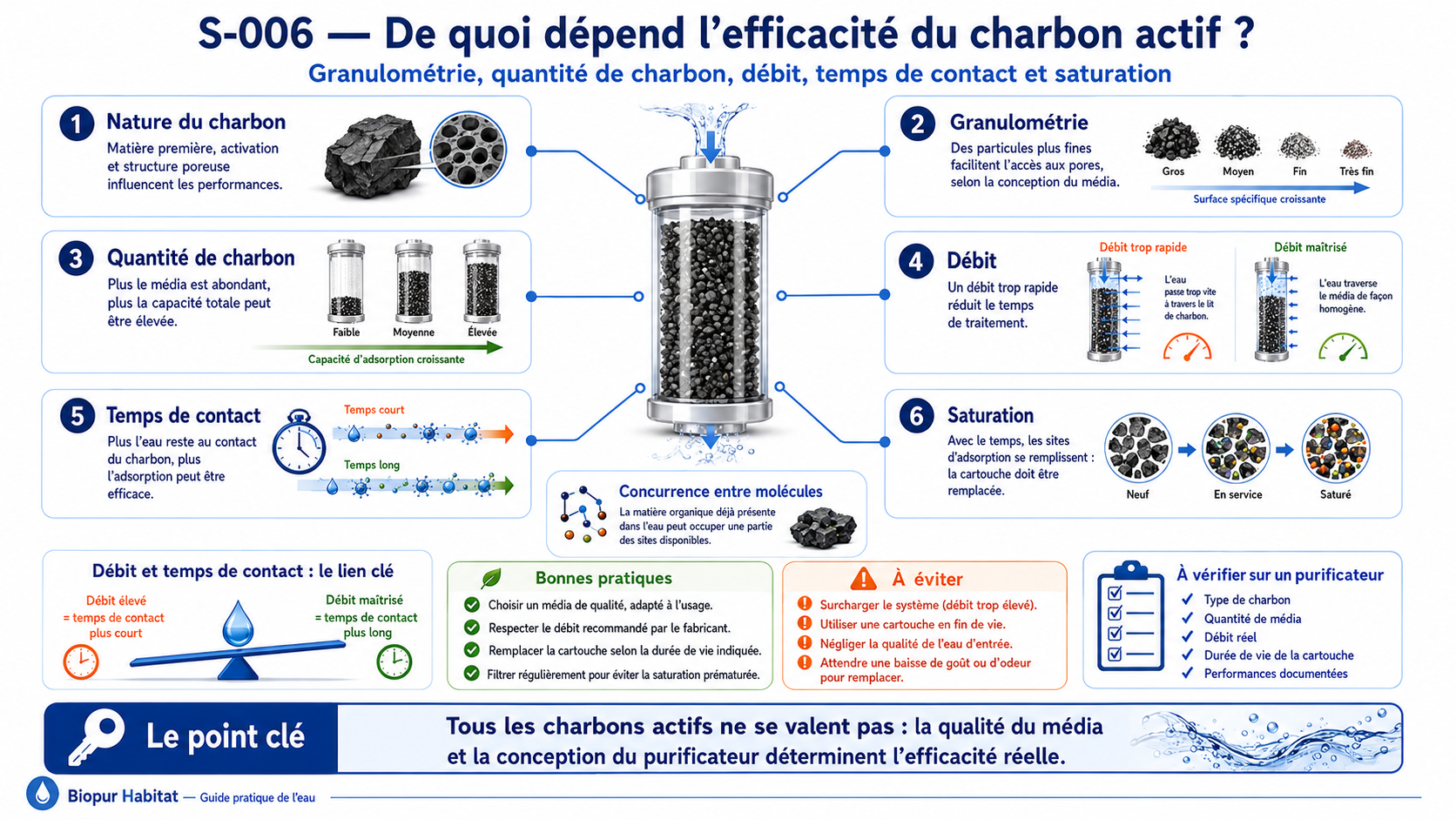 Facteurs déterminant l'efficacité du charbon actif : granulométrie, quantité, débit, temps de contact et saturation